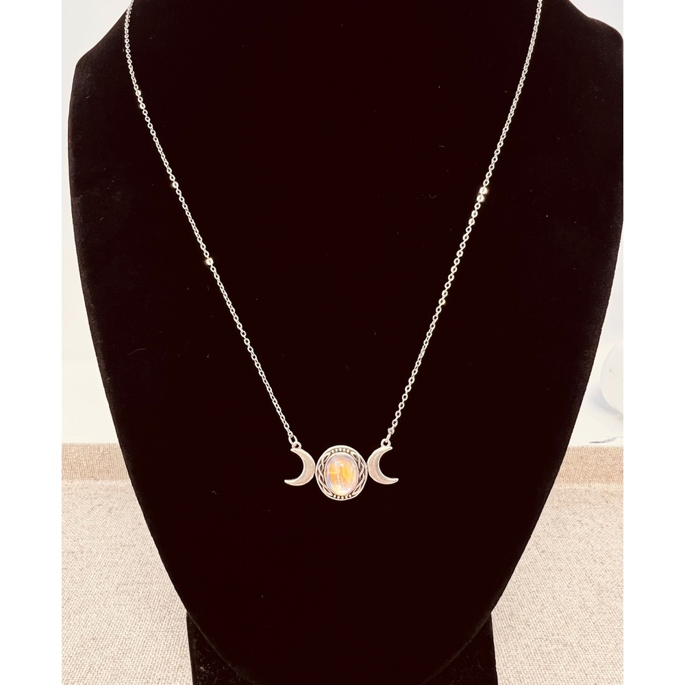Sterling Silver Triple Moon Goddess Necklace Moonstone Celestial Wiccan Jewelry